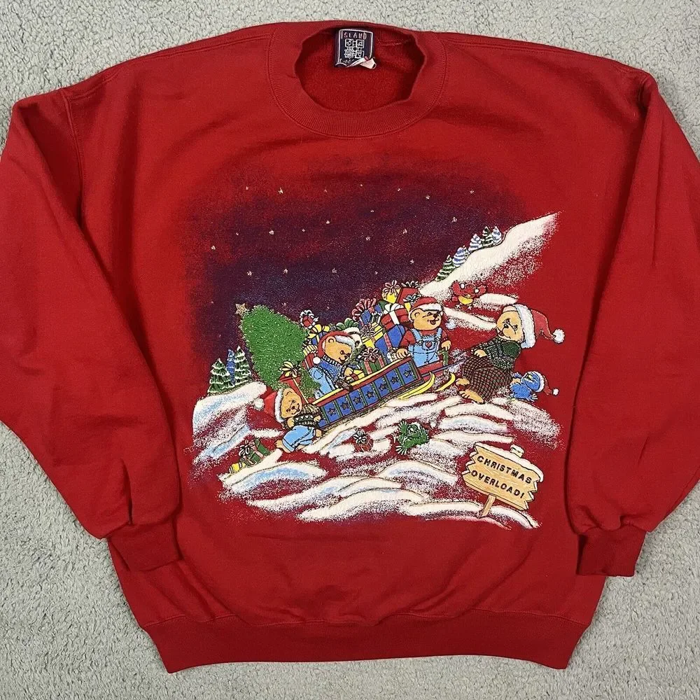 Vintage Christmas Overload Sweater Little Bear‎ Sleigh Gifts Red Sweatshirt 90s